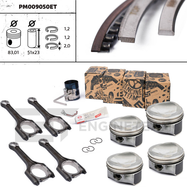 PM009050ET, Piston with rings and pin, Repair set - complete piston with rings and pin (for 1 engine), Piston Set + conrods, ET ENGINETEAM